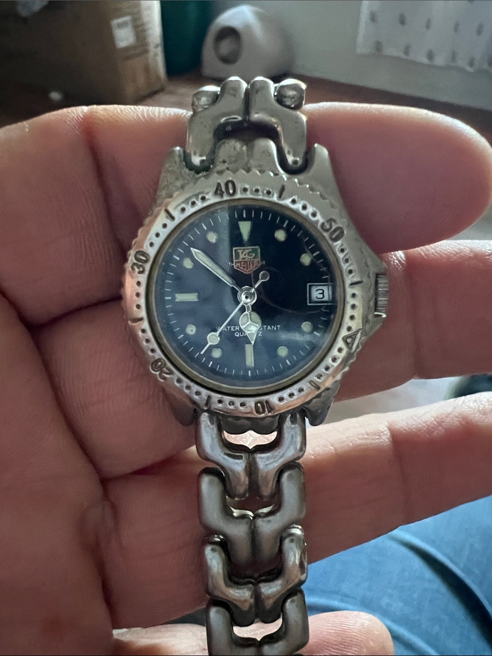 Vintage Tag Heuer Silver Stainless Steel Watch with Black Dial
